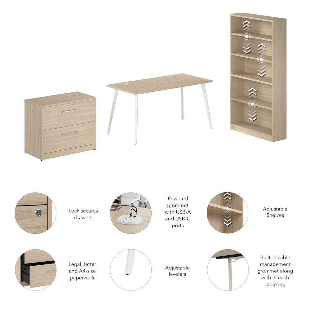 Vista 60W Desk with Splayed Metal Legs, Lateral File Cabinet, and Bookcase. Picture 11