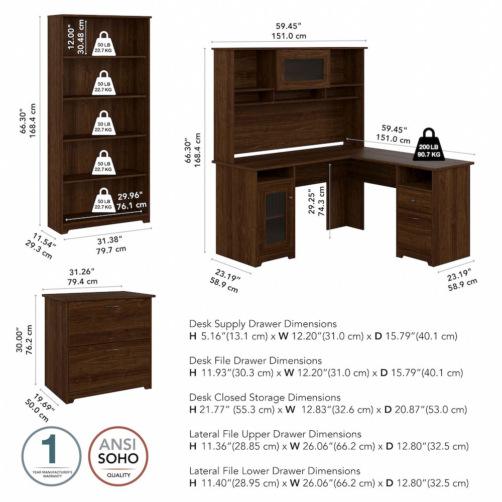 Cabot 60W L Shaped Computer Desk with Hutch, File Cabinet and Bookcase. Picture 10