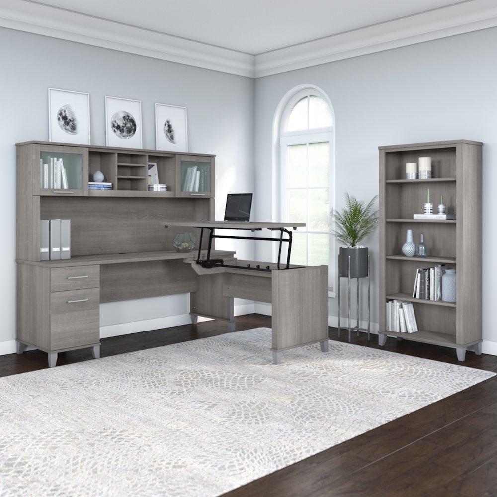 Somerset 72W 3 Position Sit to Stand L Shaped Desk with Hutch and Bookcase. Picture 2