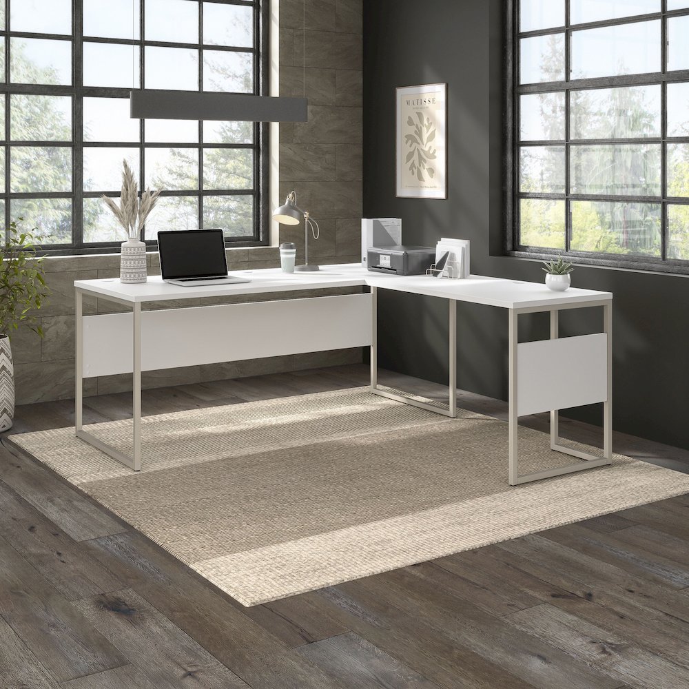 Hybrid 72W x 30D L Shaped Table Desk with Metal Legs. Picture 2