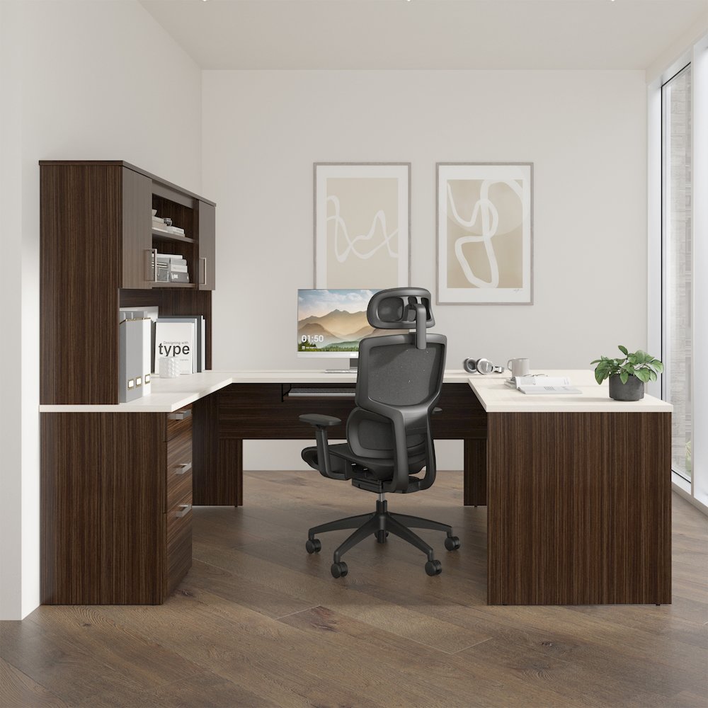 65W U-Shaped Executive Desk with Pedestal and Hutch. Picture 2