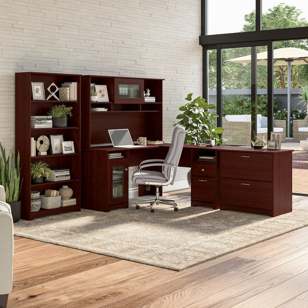 Cabot 60W L Shaped Computer Desk with Hutch, File Cabinet and Bookcase. Picture 2