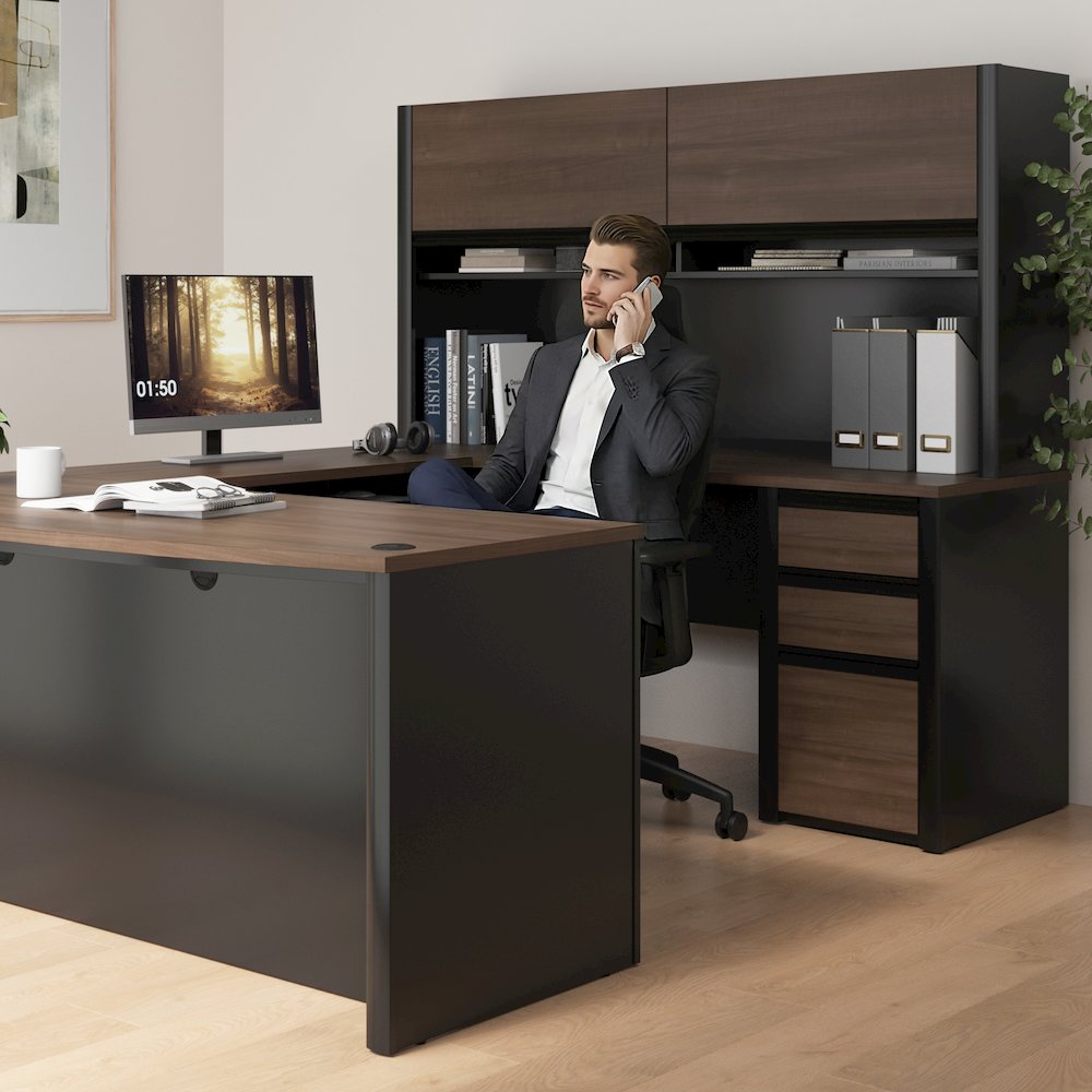 72W U-Shaped Executive Desk with Pedestal and Hutch. Picture 3