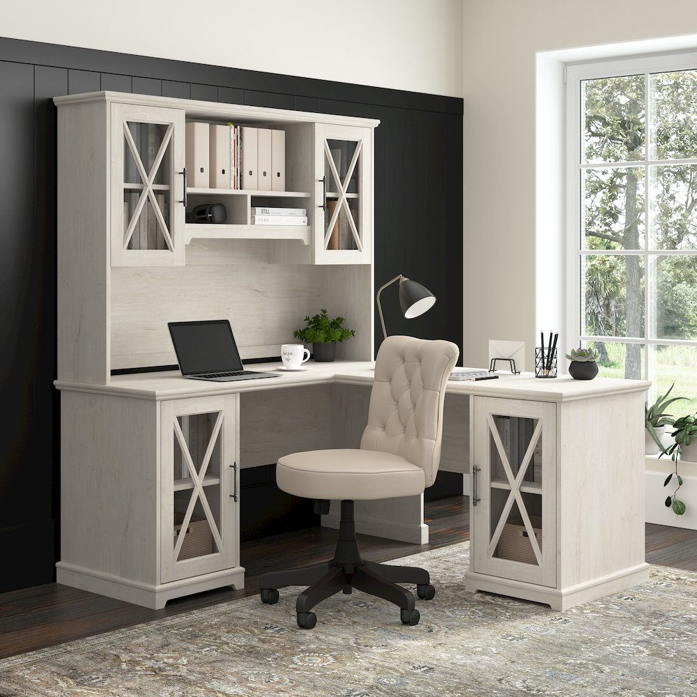 Lennox 60W Farmhouse L Shaped Desk with Hutch and Storage Cabinets. Picture 2