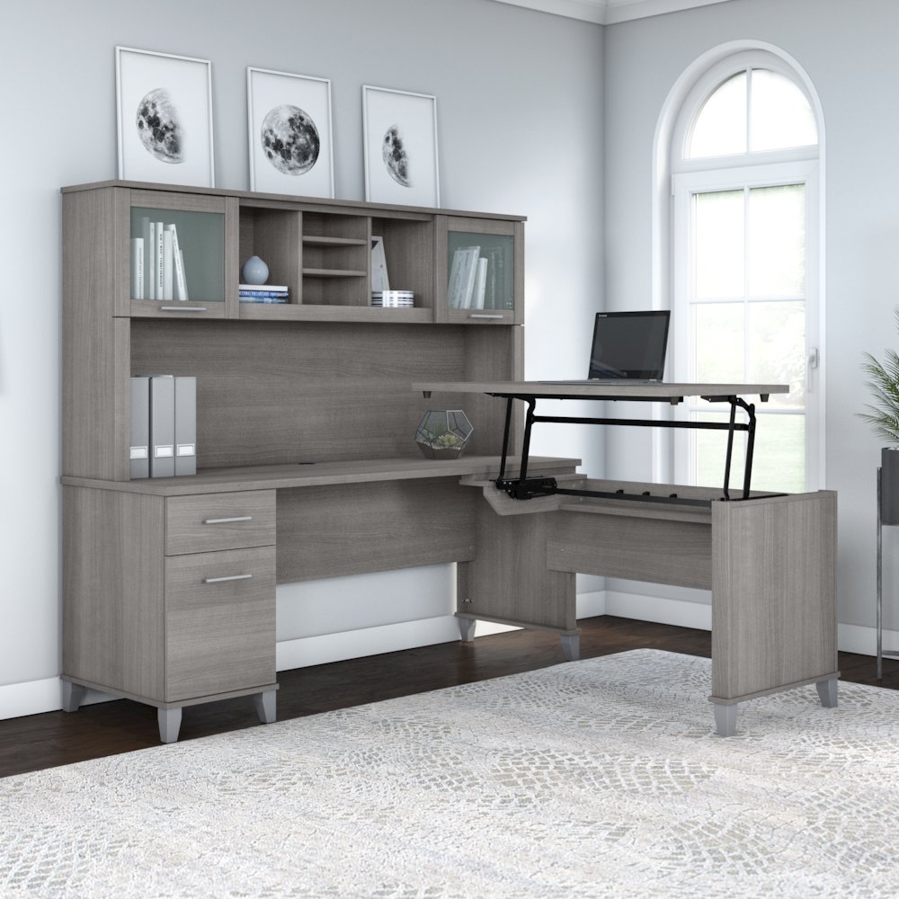 Somerset 72W 3 Position Sit to Stand L Shaped Desk with Hutch. Picture 2