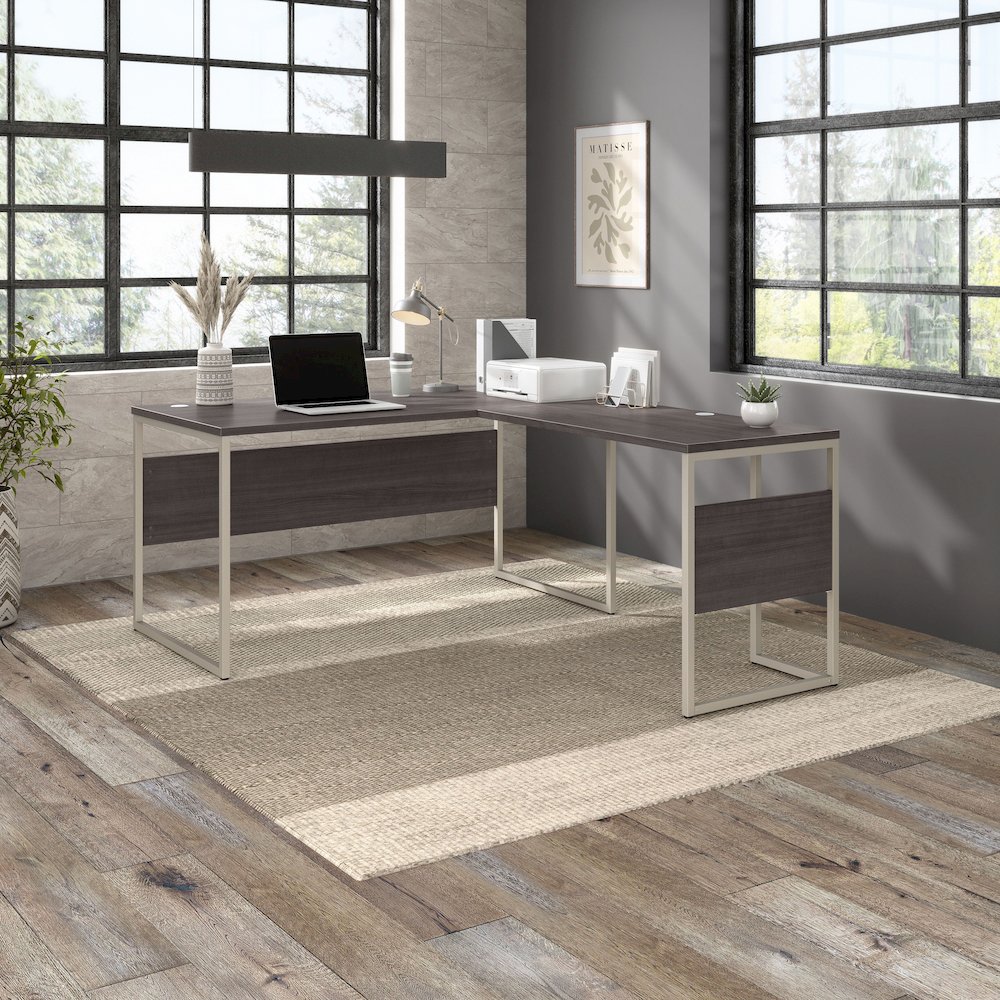 Hybrid 60W x 30D L Shaped Table Desk with Metal Legs. Picture 2