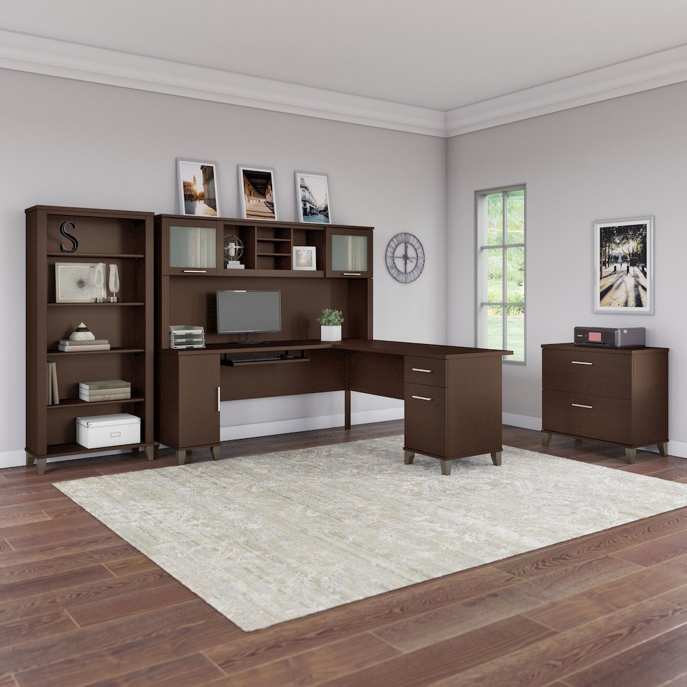 Somerset 72W L Shaped Desk with Hutch, Lateral File Cabinet and Bookcase. Picture 2