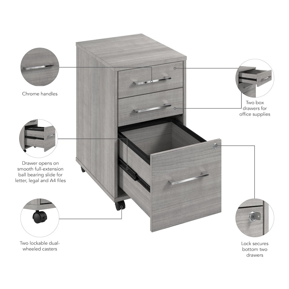 Hustle 3 Drawer Rolling File Cabinet with Lock in Platinum Gray. Picture 9