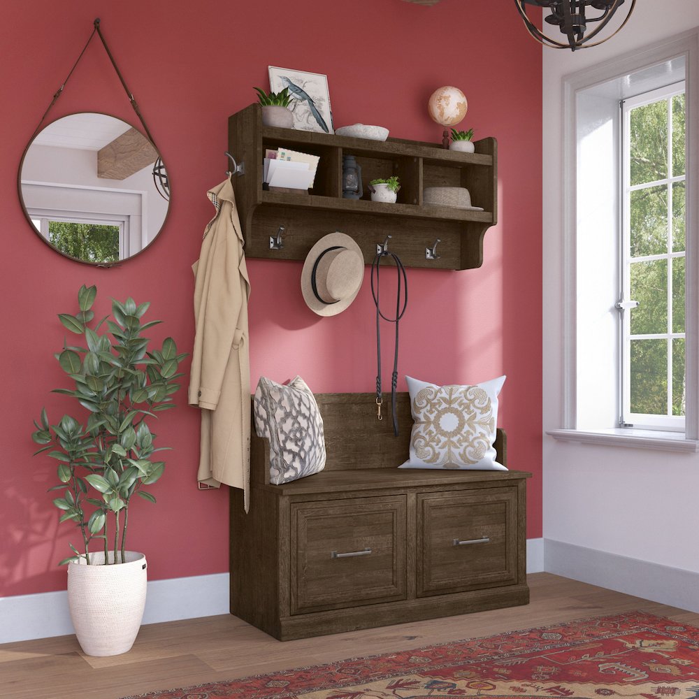 Woodland 40W Entryway Bench with Doors and Wall Mounted Coat Rack. Picture 2