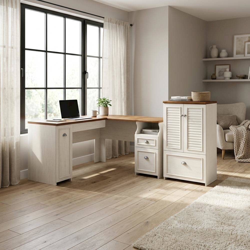 Ivory L-Shaped Desk with 2-Door Storage Cabinet and File Drawer for Home Office. Picture 3
