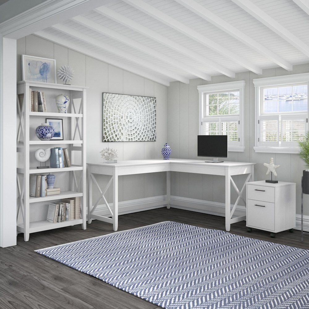 60W L Shaped Desk with 2 Drawer Mobile File Cabinet and 5 Shelf Bookcase. Picture 2