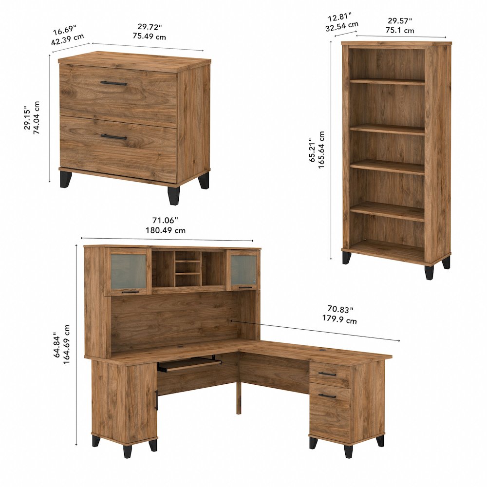 Somerset 72W L Shaped Desk with Hutch, Lateral File Cabinet and Bookcase. Picture 11