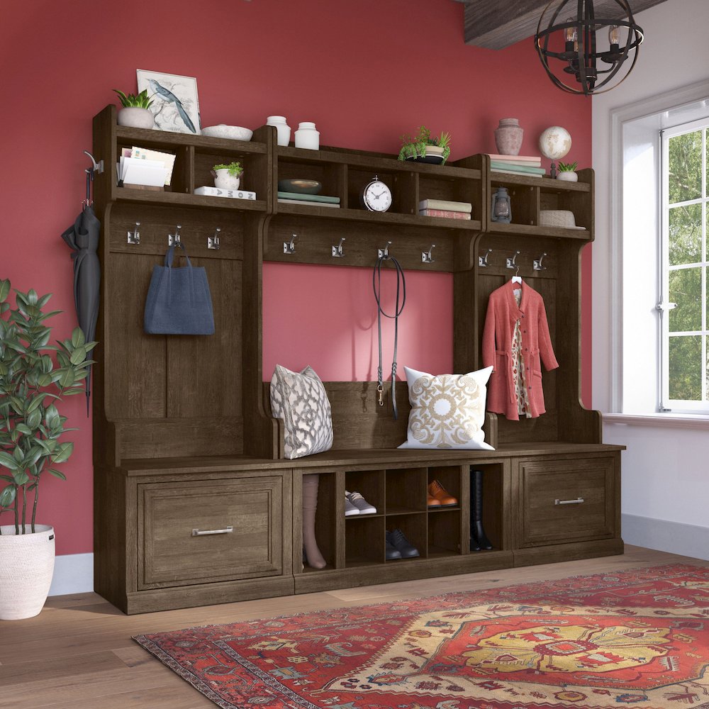 Woodland Full Entryway Storage Set with Coat Rack and Shoe Bench with Drawers. Picture 2