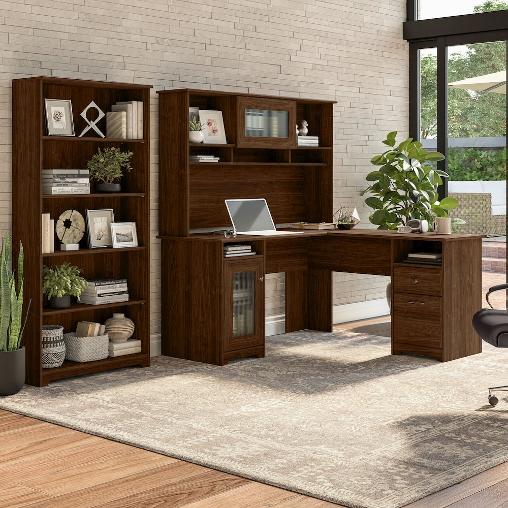 Cabot 60W L Shaped Computer Desk with Hutch and 5 Shelf Bookcase. Picture 2
