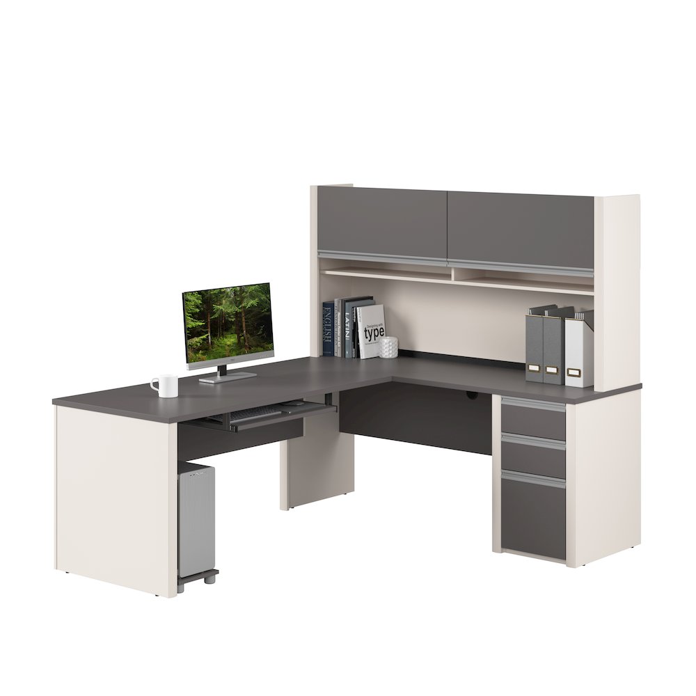 72W L-Shaped Desk with Hutch and Pedestal. Picture 1