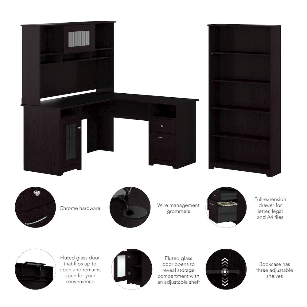 Cabot 60W L Shaped Computer Desk with Hutch and 5 Shelf Bookcase