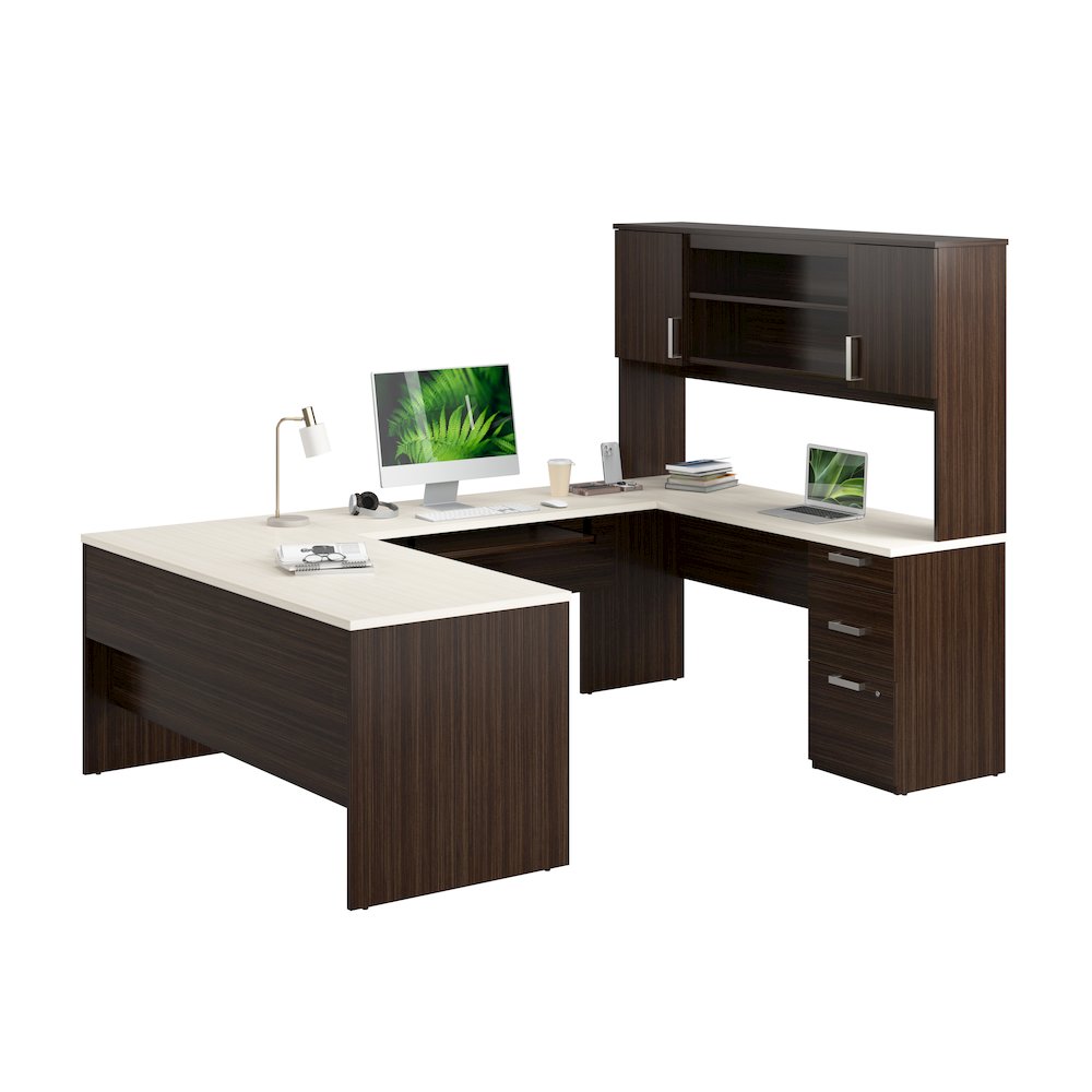 65W U-Shaped Executive Desk with Pedestal and Hutch. Picture 1