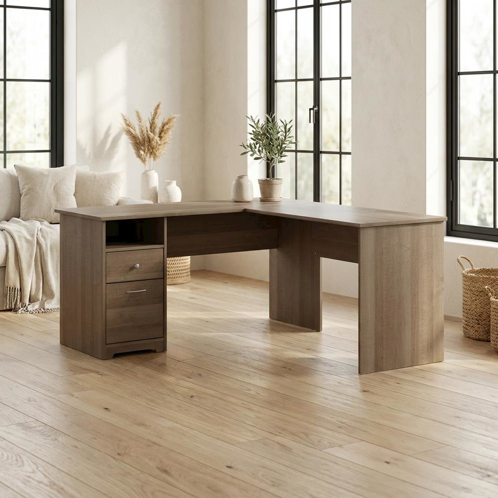 Modern Gray L-Shaped Computer Desk With 2 Drawers And Wire Management. Picture 3