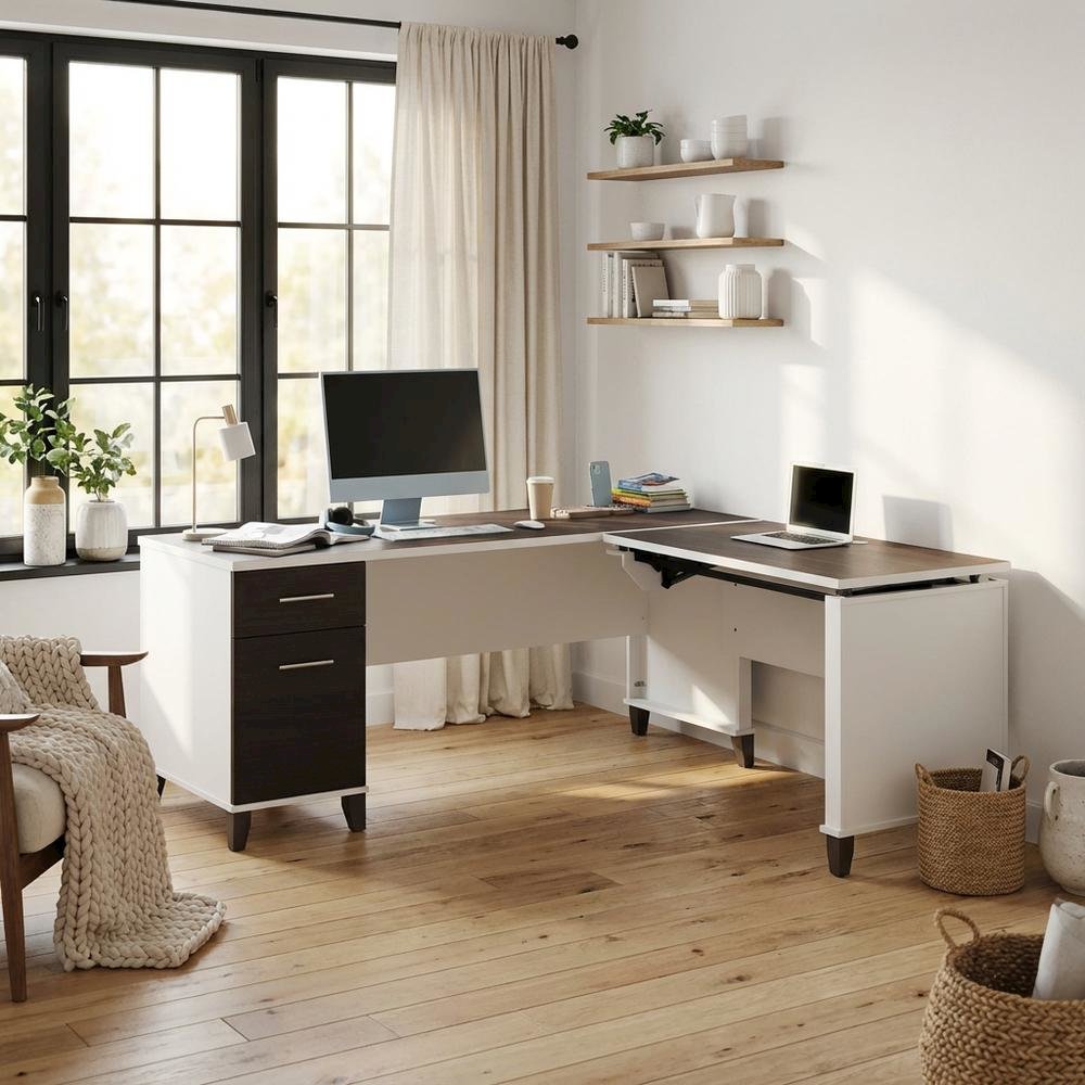 White L-Shaped Sit-To-Stand Office Desk With 3 Position Adjustment. Picture 3