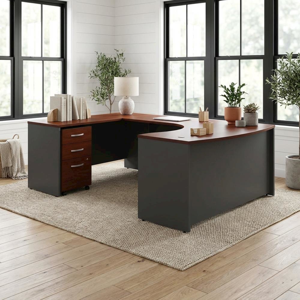 L Shaped Office Desk With Mobile File Cabinet In Hansen Cherry And Gray Finish. Picture 3