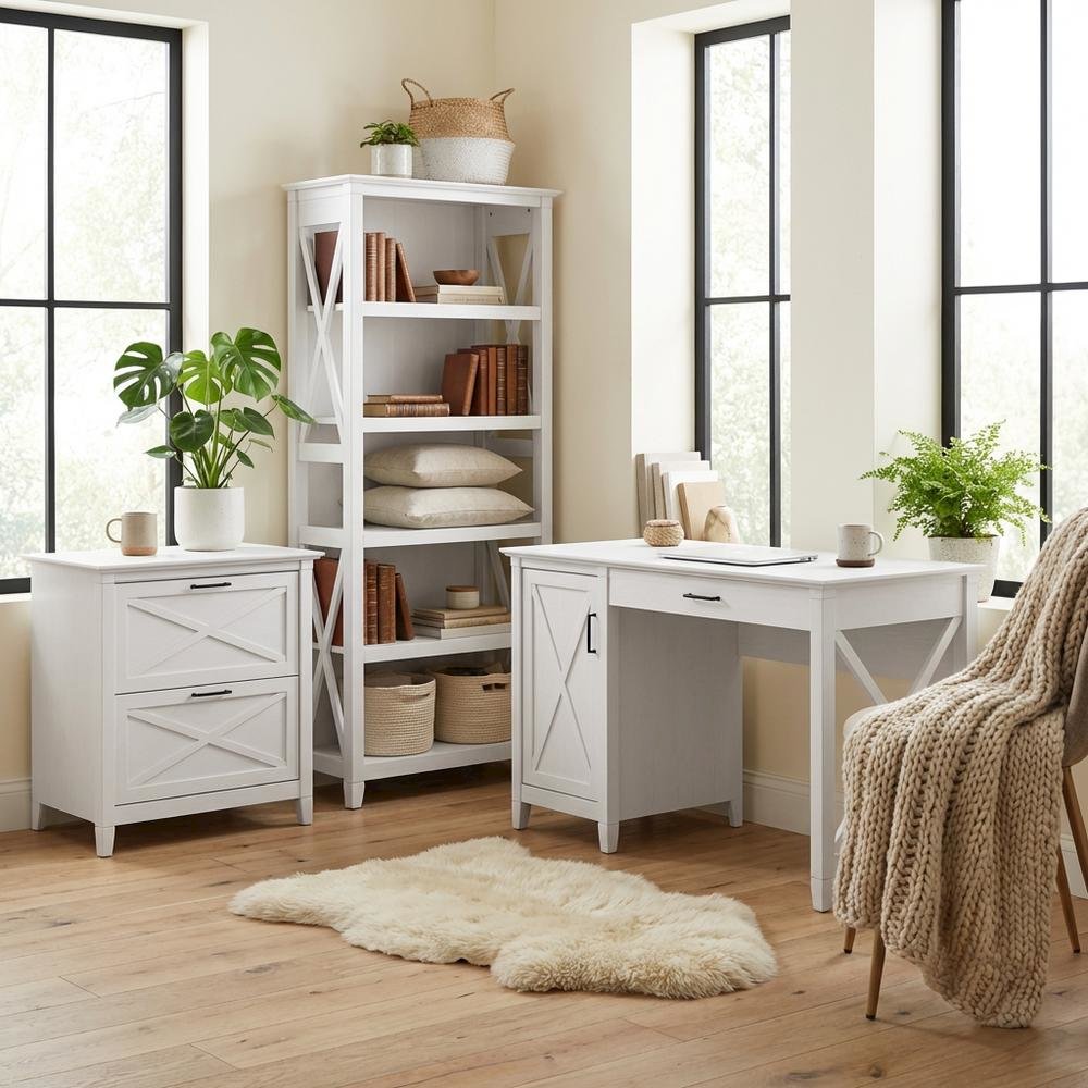 White 54W Computer Desk with 2 Drawer Lateral File Cabinet and 5 Shelf Bookcase. Picture 3
