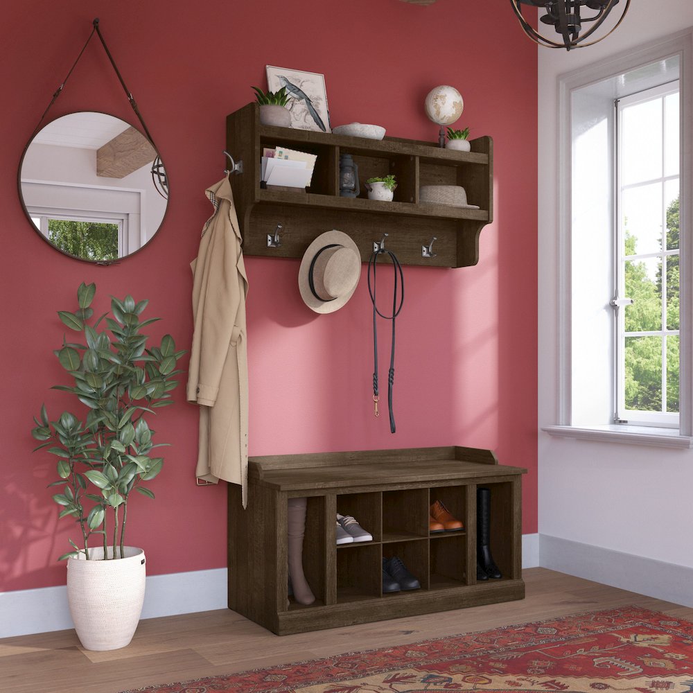Woodland 40W Shoe Storage Bench with Shelves and Wall Mounted Coat Rack. Picture 2