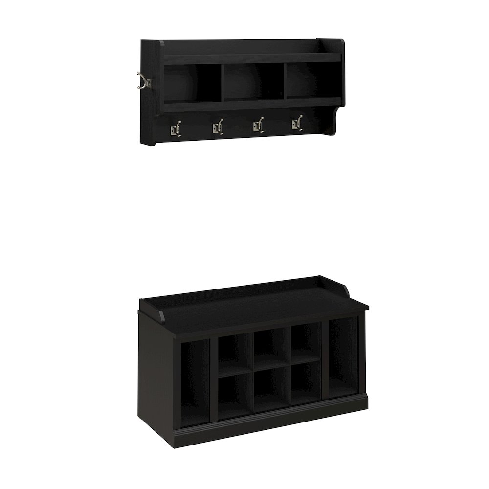 Woodland 40W Shoe Storage Bench with Shelves and Wall Mounted Coat Rack. Picture 1
