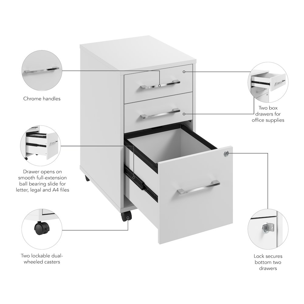 Hustle 3 Drawer Rolling File Cabinet with Lock in White. Picture 9