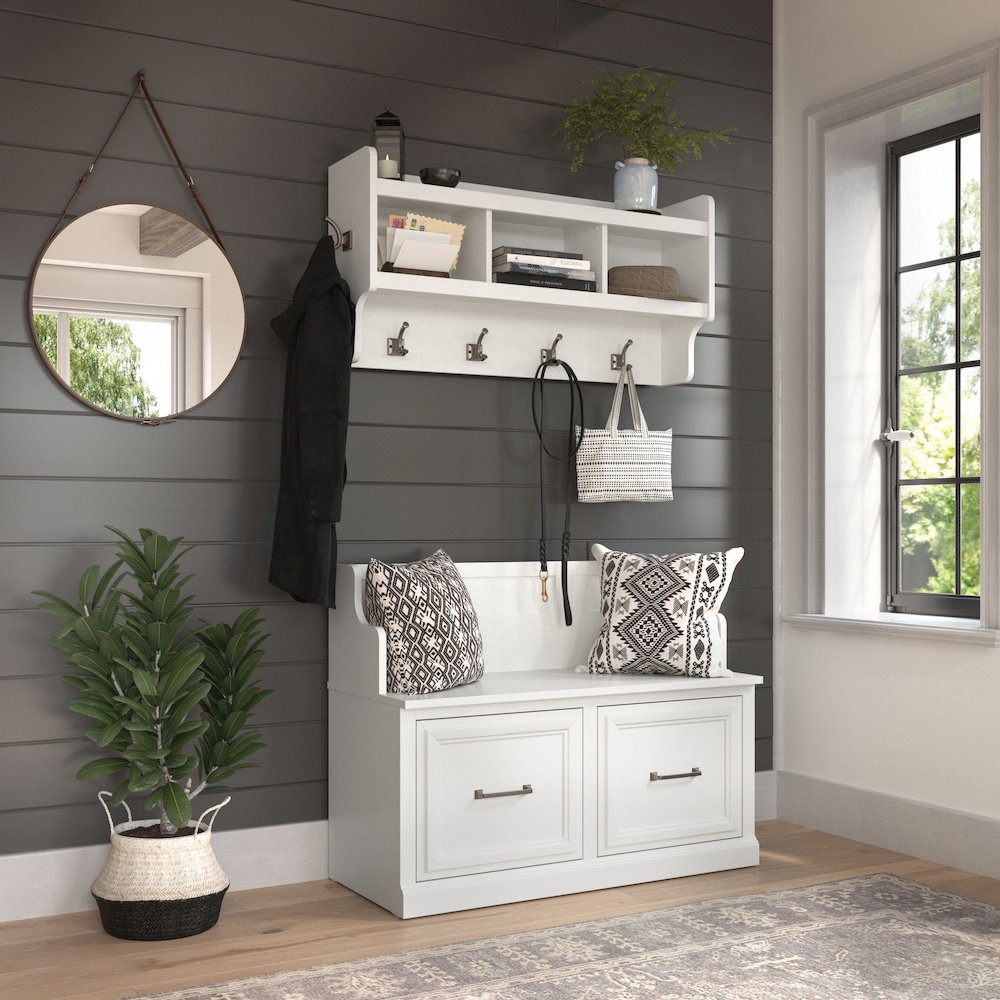 Woodland 40W Entryway Bench with Doors and Wall Mounted Coat Rack. Picture 2