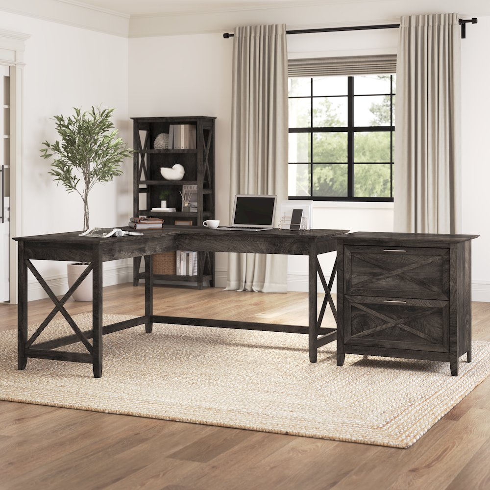 Key West 60W L Shaped Desk with 2 Drawer Lateral File Cabinet. Picture 2