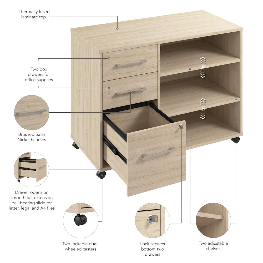 Hustle Rolling Storage Cabinet with Drawers and Shelves in Natural Elm. Picture 9