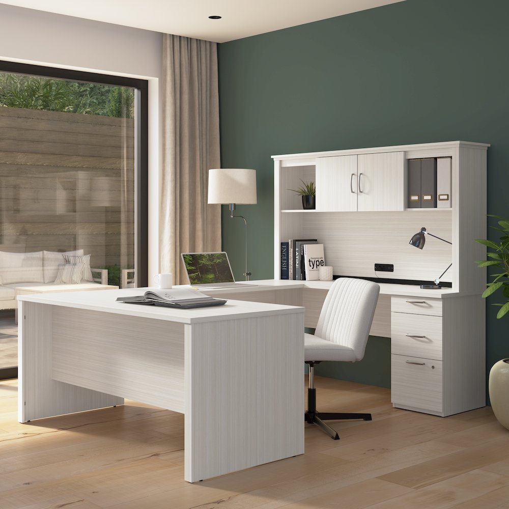 66W U or L-Shaped Executive Office Desk with Pedestal and Hutch. Picture 2