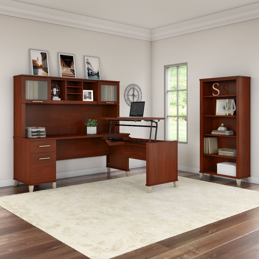 Somerset 72W 3 Position Sit to Stand L Shaped Desk with Hutch and Bookcase. Picture 2