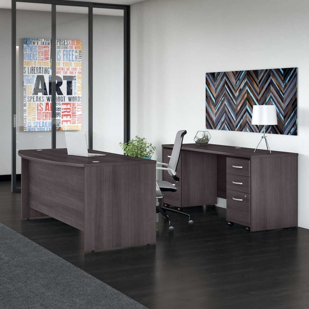 Studio C 72W x 36D Bow Front Desk and Credenza with Mobile File Cabinets. Picture 2