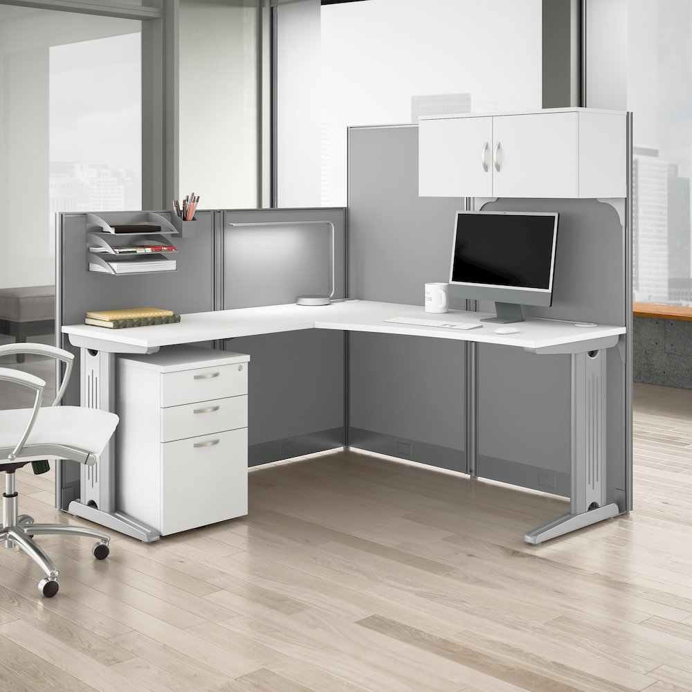 65W L Shaped Cubicle Desk with Storage, Drawers, and Organizers. Picture 2