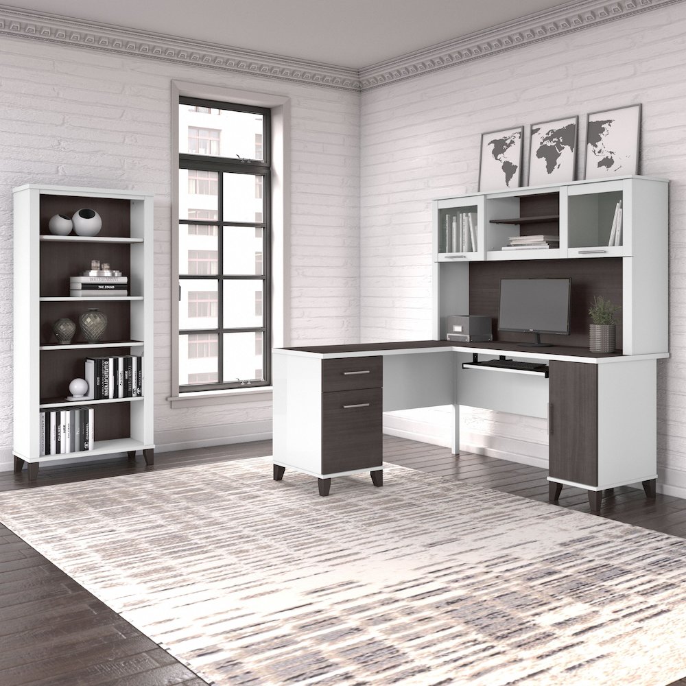 Somerset 60W L Shaped Desk with Hutch and 5 Shelf Bookcase. Picture 2