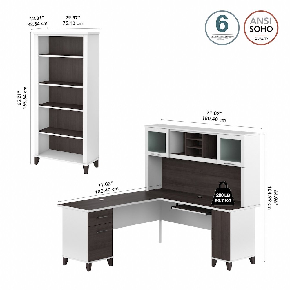 Somerset 72W L Shaped Desk with Hutch and 5 Shelf Bookcase. Picture 9