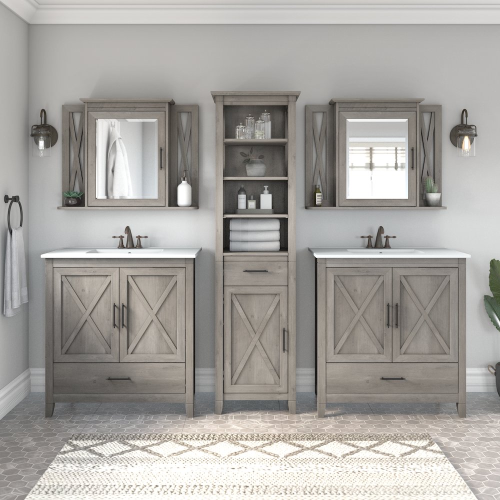Key West 64W Double Vanity Set with Sinks, Medicine Cabinets and Linen Tower. Picture 2