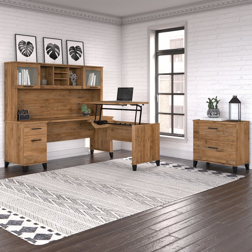 Somerset 72W 3 Position Sit to Stand L Shaped Desk with Hutch and File Cabinet. Picture 2