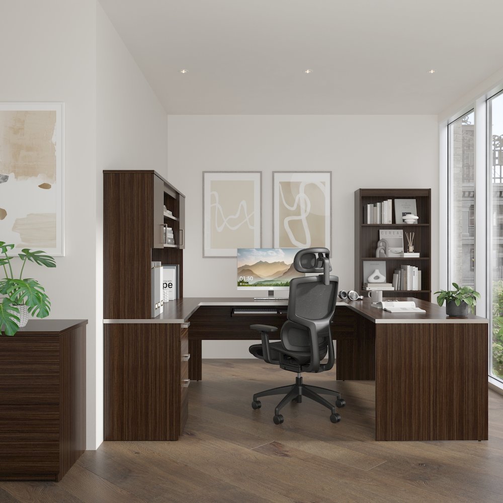 65W U-Shaped Desk with Hutch, Lateral File Cabinet, and Bookcase. Picture 2