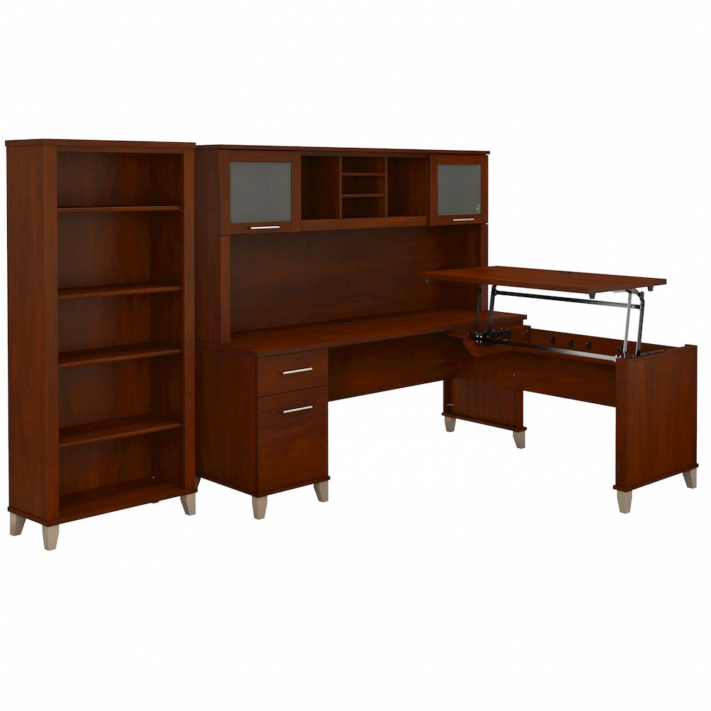 Somerset 72W 3 Position Sit to Stand L Shaped Desk with Hutch and Bookcase. Picture 1