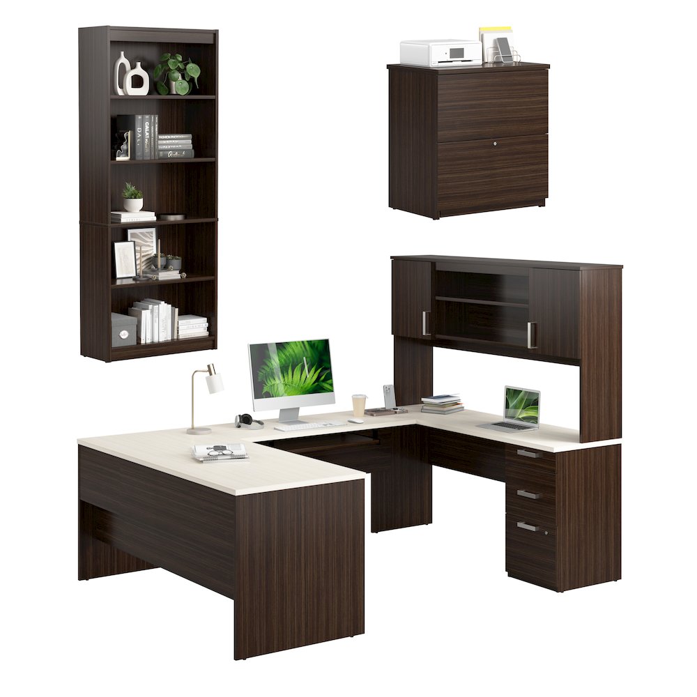 65W U-Shaped Desk with Hutch, Lateral File Cabinet, and Bookcase. Picture 1