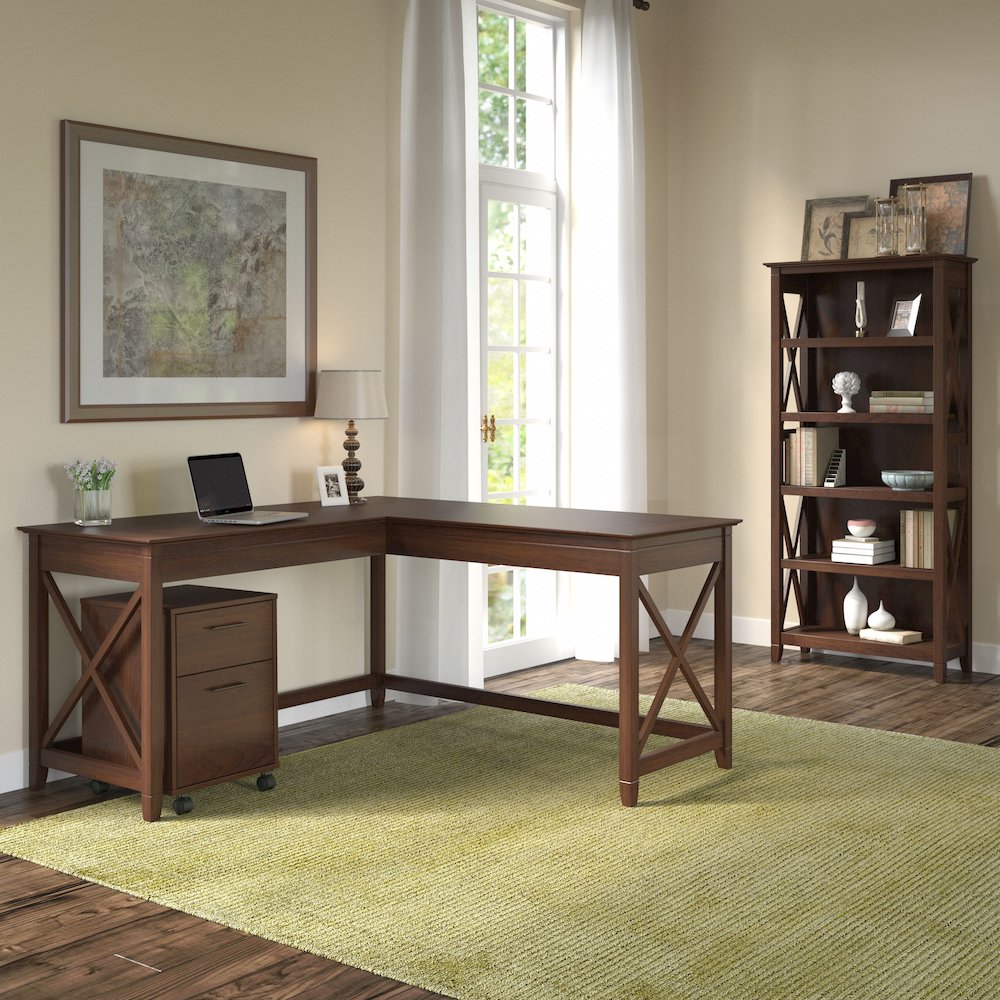 60W L Shaped Desk with 2 Drawer Mobile File Cabinet and 5 Shelf Bookcase. Picture 2