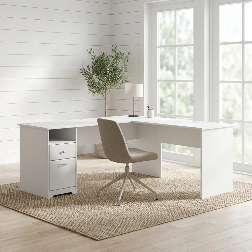 White L-Shaped Computer Desk With Drawers And Storage Organization. Picture 2