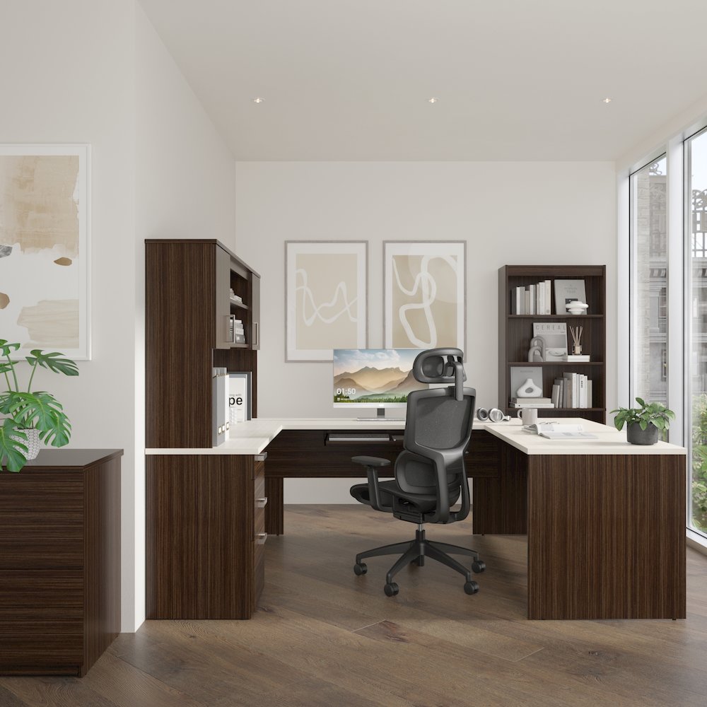 65W U-Shaped Desk with Hutch, Lateral File Cabinet, and Bookcase. Picture 2