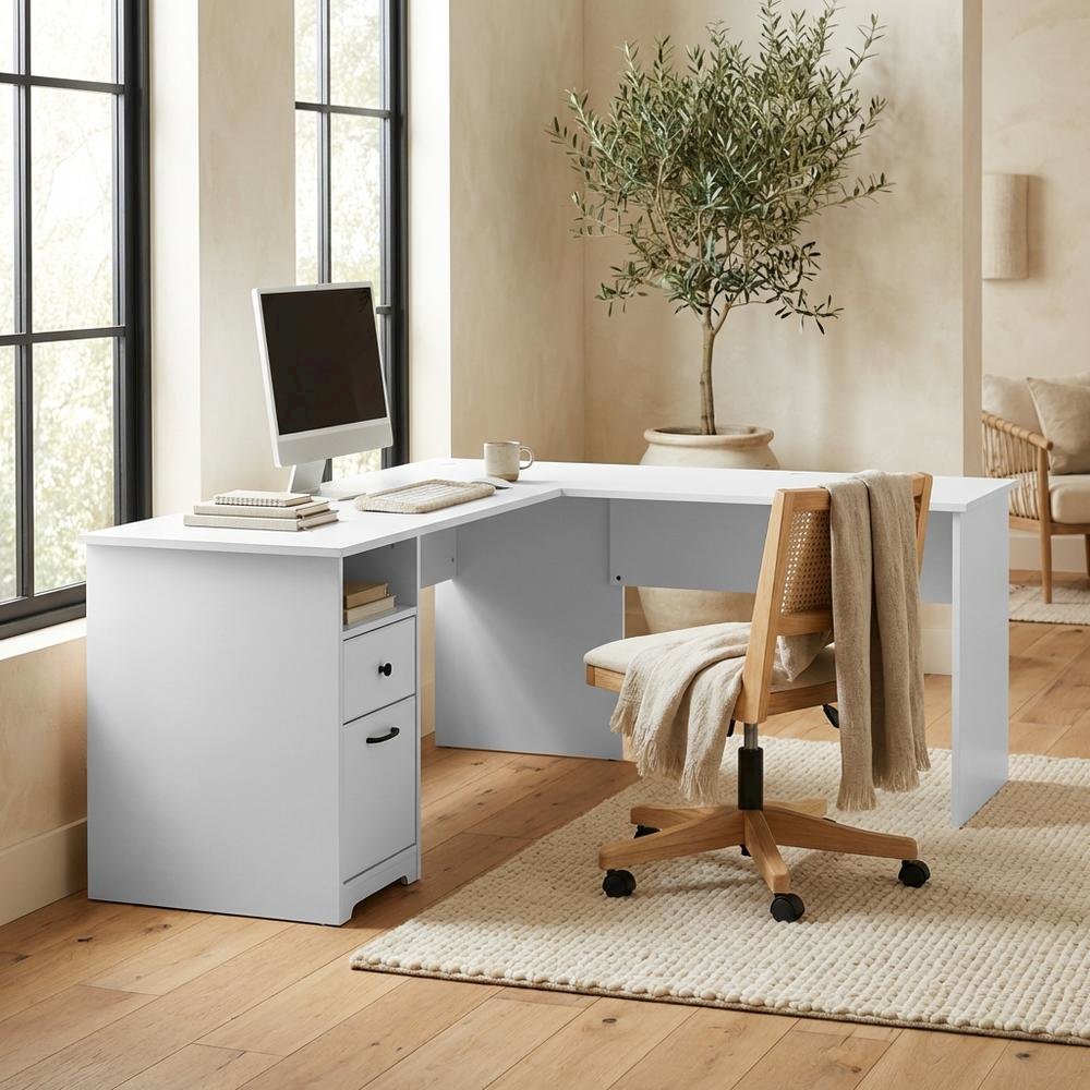 White L-Shaped Computer Desk With Drawers And Storage Organization. Picture 3