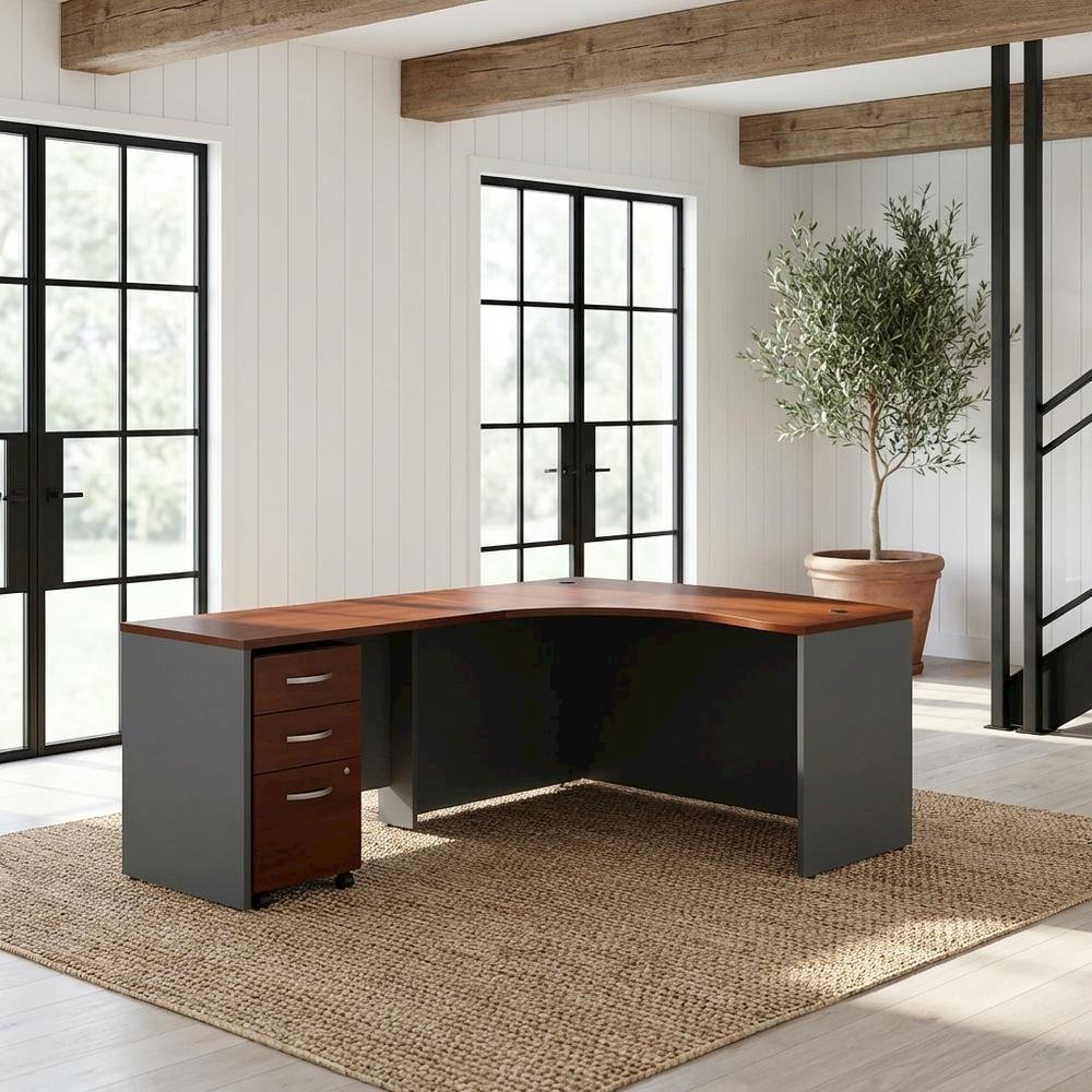 L Shaped Office Desk With Mobile File Cabinet In Hansen Cherry And Gray Finish. Picture 2