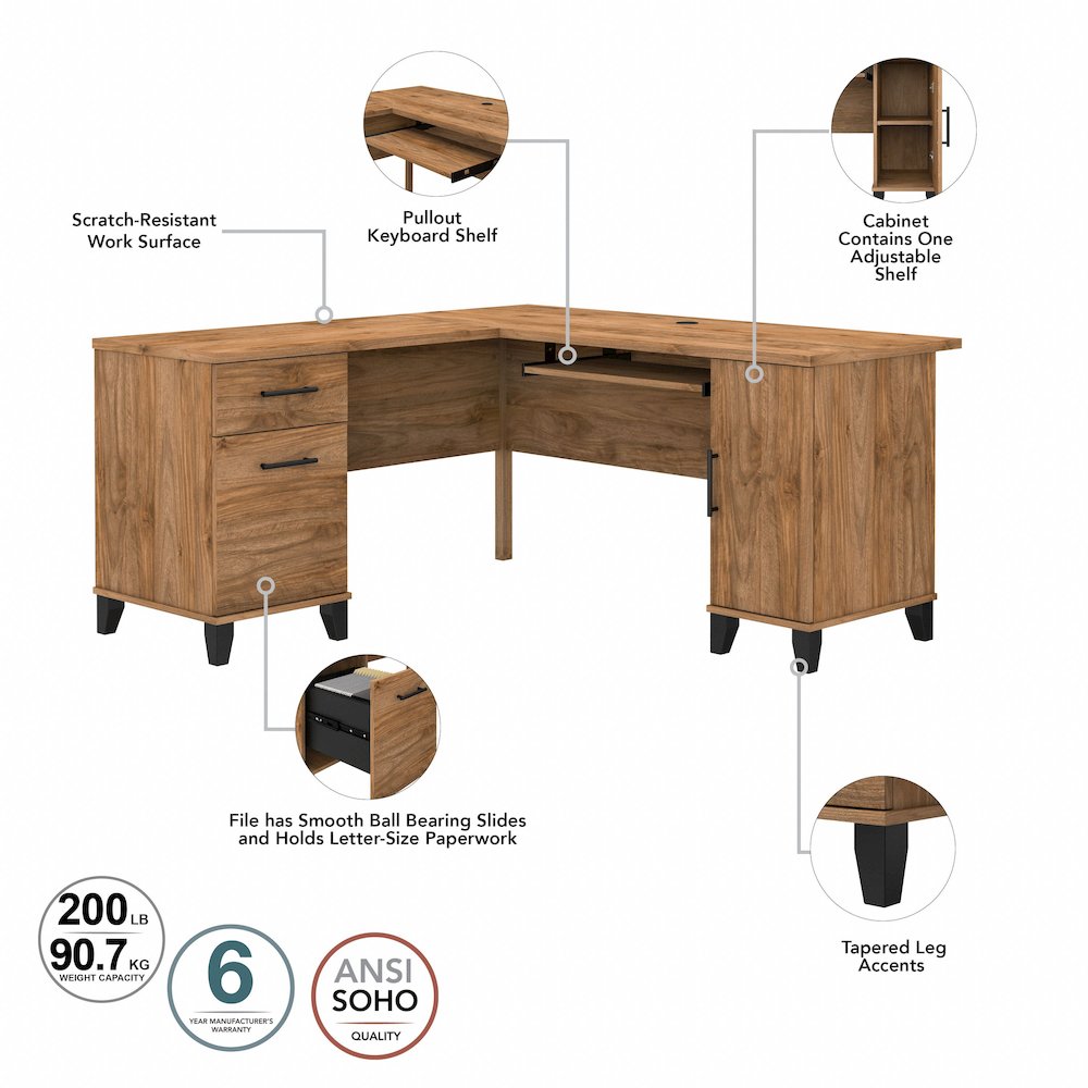 Somerset 60W L Shaped Desk with Hutch and 5 Shelf Bookcase. Picture 9