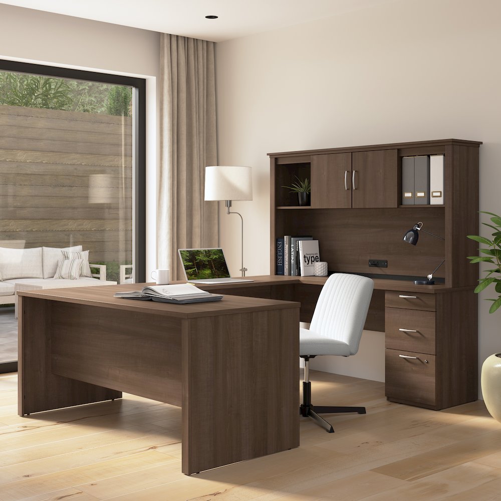 66W U or L-Shaped Executive Office Desk with Pedestal and Hutch. Picture 2