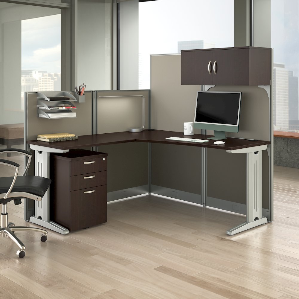 65W L Shaped Cubicle Desk with Storage, Drawers, and Organizers. Picture 2